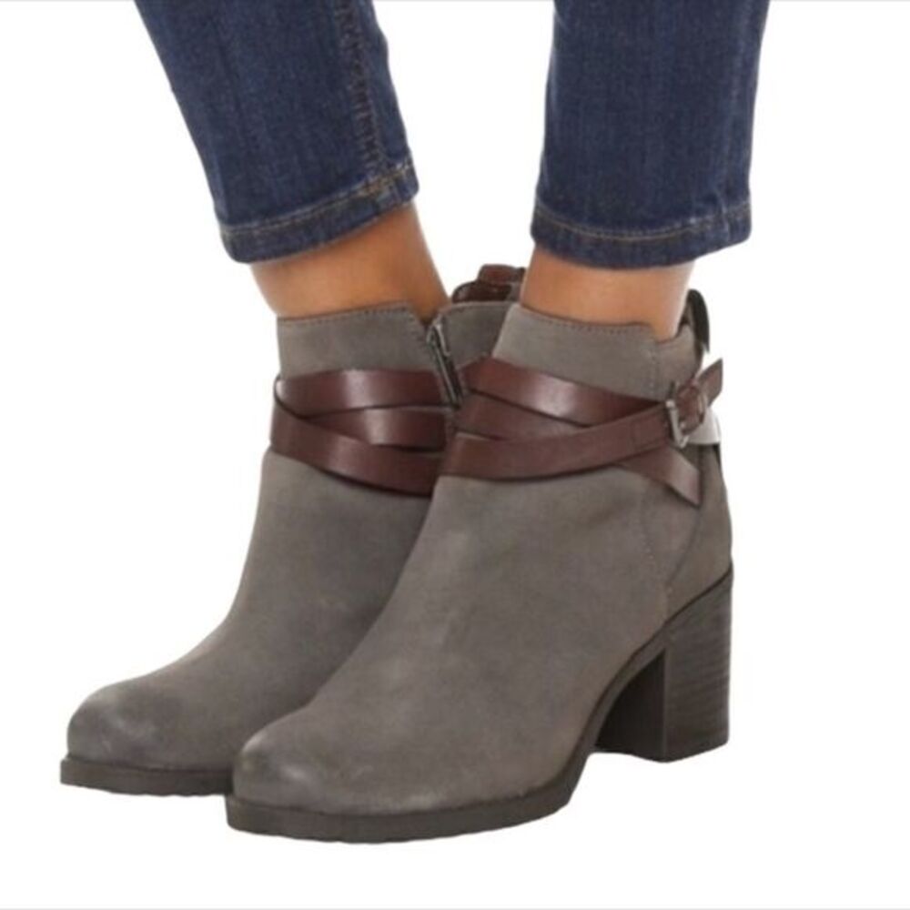 Sam Edleman Gray Suede Ankle Boots Brown Wrap Strap Block Heel 8.5